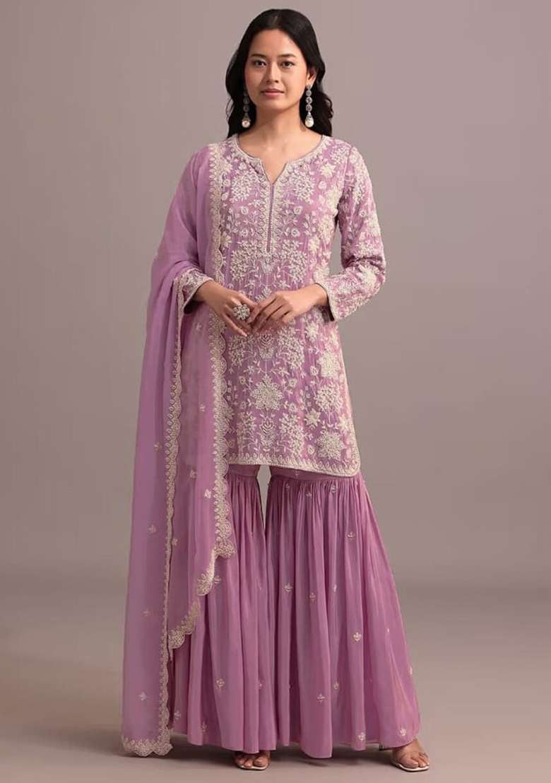 Lavender Embroidered Georgette Sharara Set - Indya