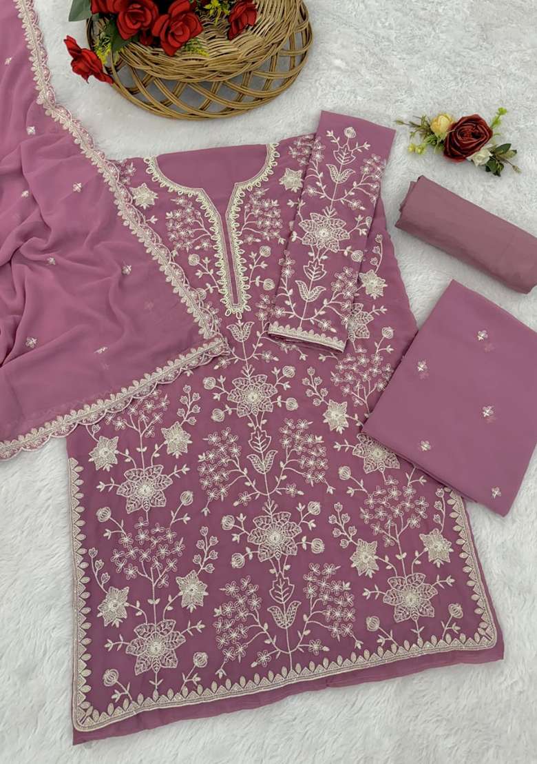 Lavender Embroidered Georgette Sharara Set - Indya