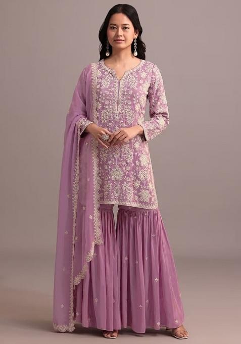 Lavender Embroidered Georgette Sharara Set