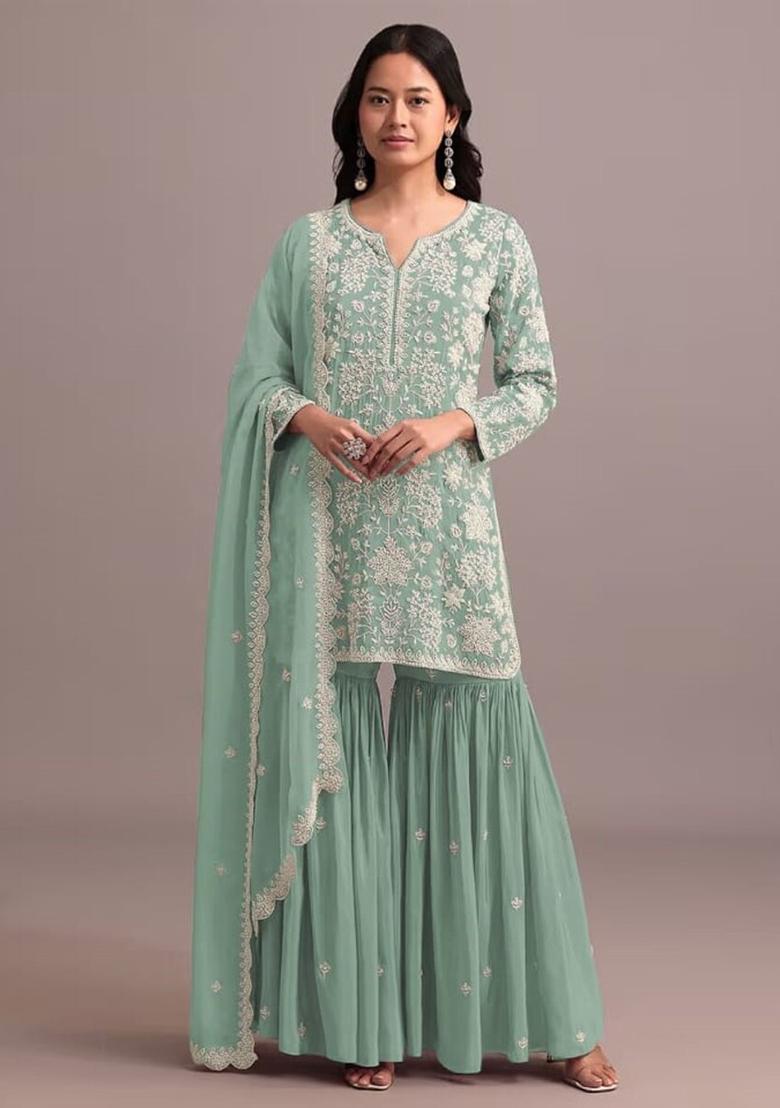 Green Embroidered Georgette Sharara Set