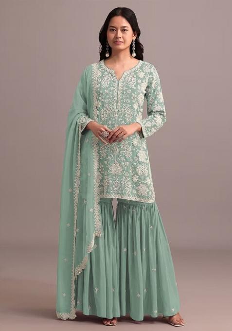 Green Embroidered Georgette Sharara Set