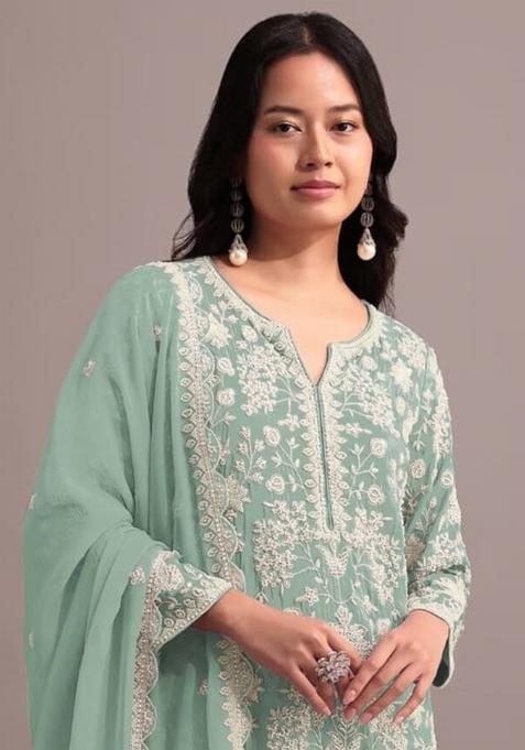 Green Embroidered Georgette Sharara Set