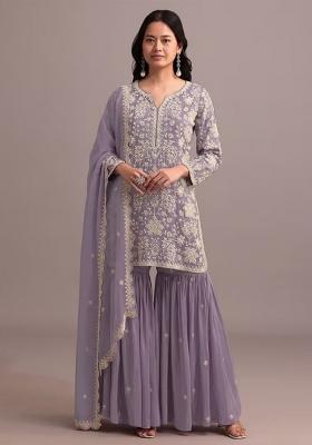 Purple Embroidered Georgette Sharara Set