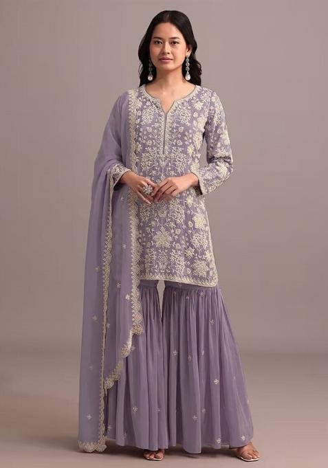 Purple Embroidered Georgette Sharara Set