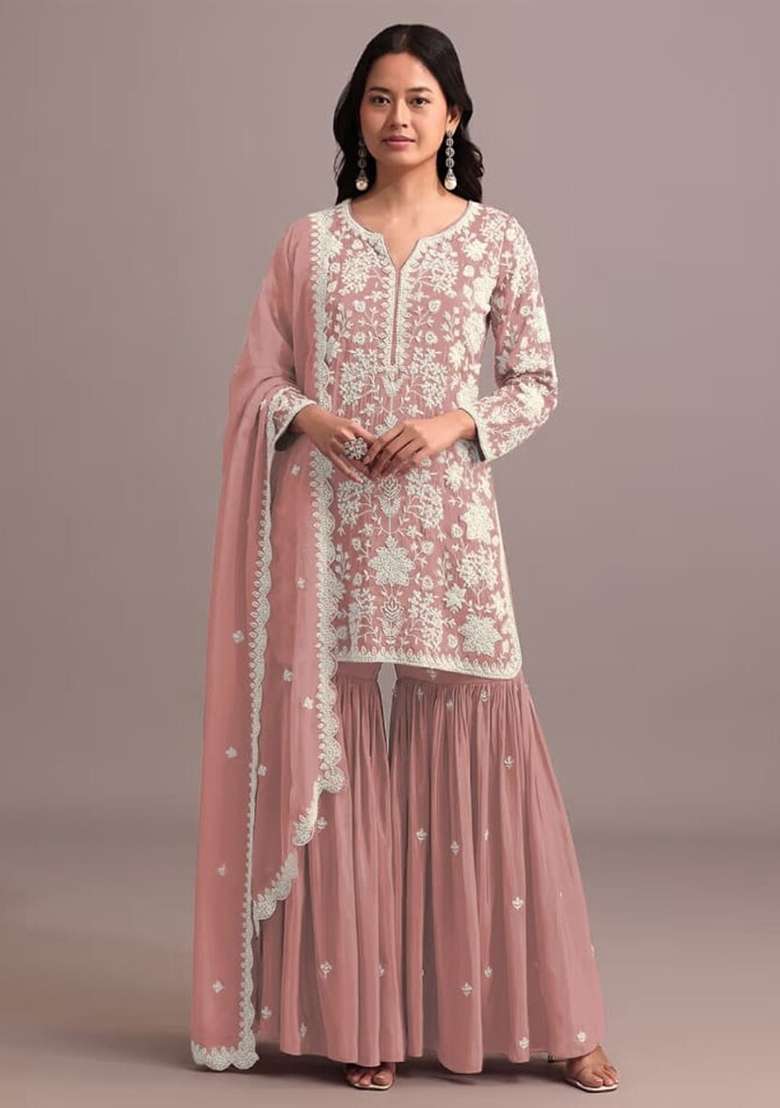 Pink Embroidered Georgette Sharara Set - Indya