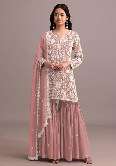 Pink Embroidered Georgette Sharara Set