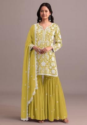 Lemon Green Embroidered Georgette Sharara Set