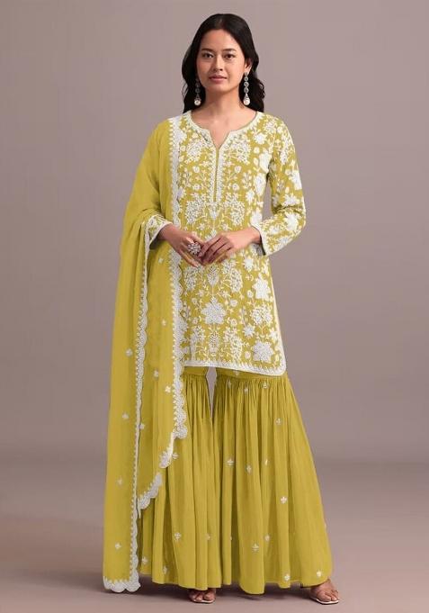 Lemon Green Embroidered Georgette Sharara Set