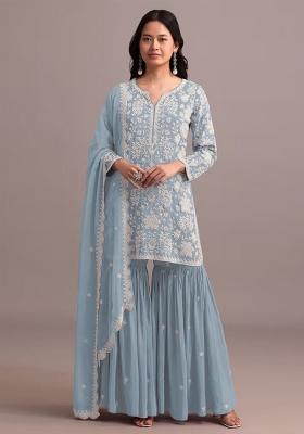 Blue Embroidered Georgette Sharara Set