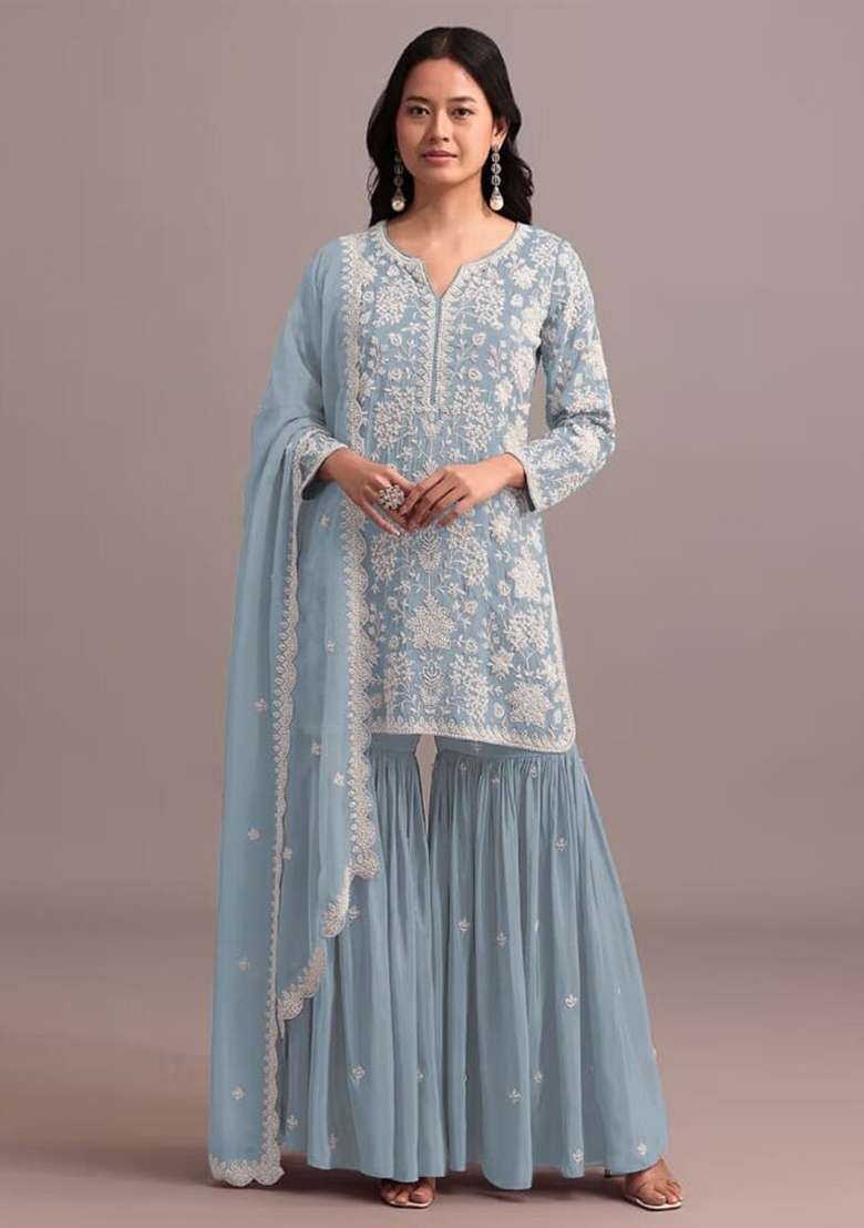 Blue Embroidered Georgette Sharara Set - Indya