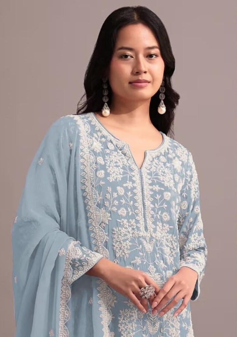 Blue Embroidered Georgette Sharara Set