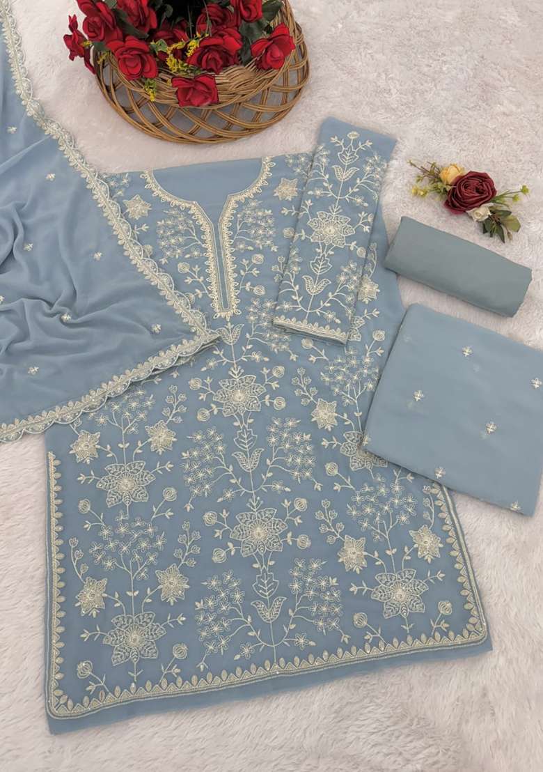 Blue Embroidered Georgette Sharara Set - Indya