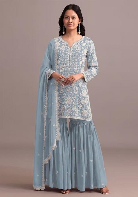 Blue Embroidered Georgette Sharara Set