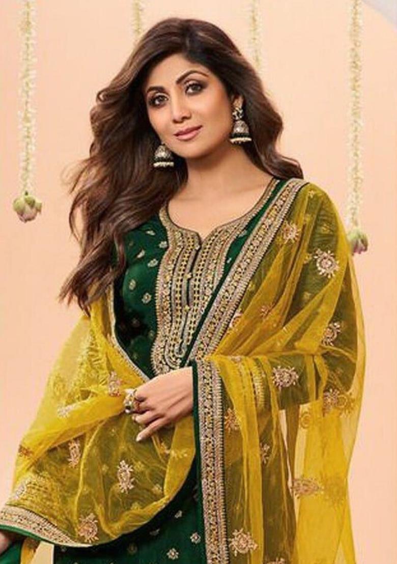 Green Embroidered Jacquard Salwar Kameez