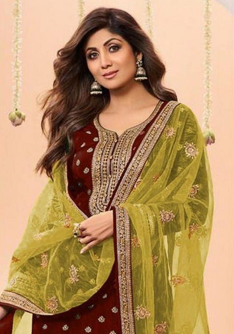 Maroon Embroidered Jacquard Salwar Kameez