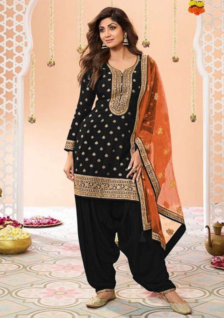Black Embroidered Jacquard Salwar Kameez - Indya