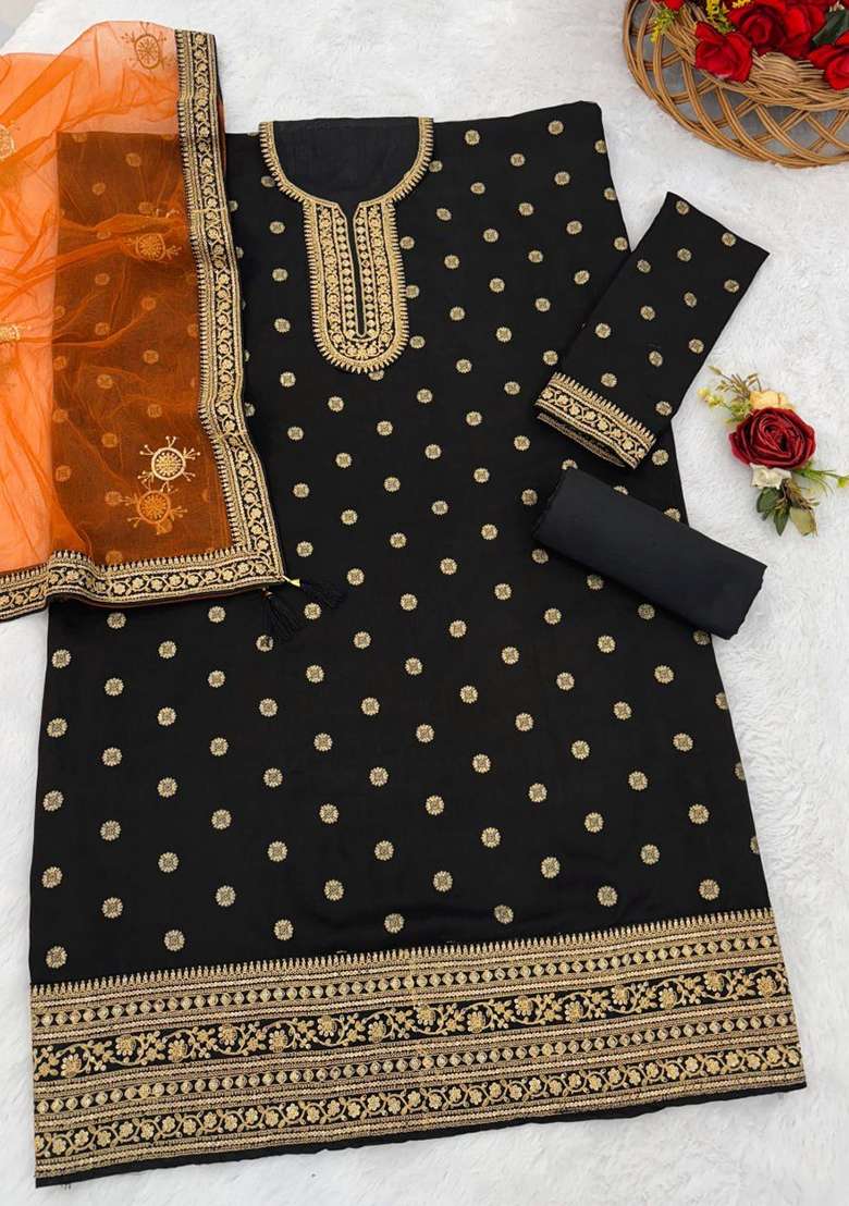 Black Embroidered Jacquard Salwar Kameez - Indya