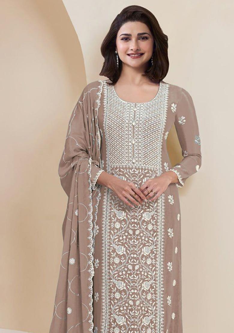 Beige Embroidered Georgette Salwar Kameez