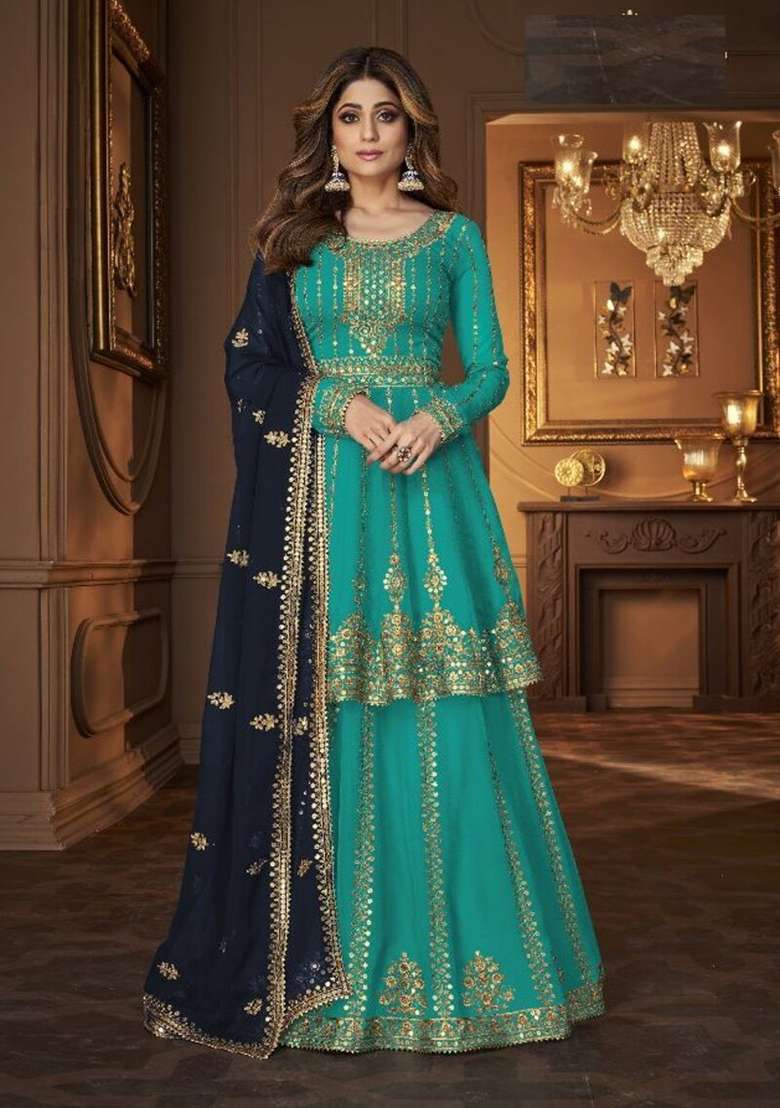 Blue Embroidered Georgette Skirt Set - Indya