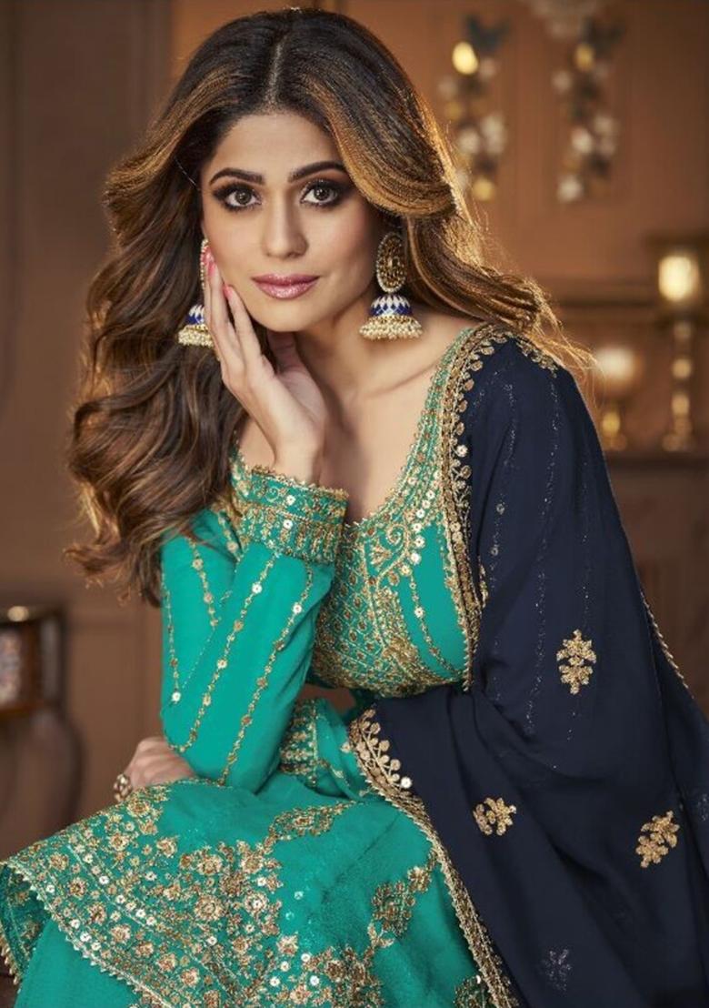 Blue Embroidered Georgette Skirt Set