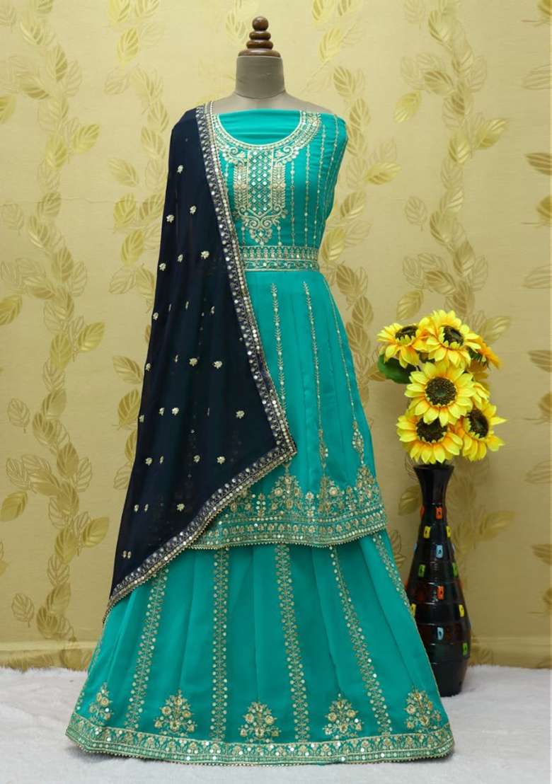 Blue Embroidered Georgette Skirt Set - Indya