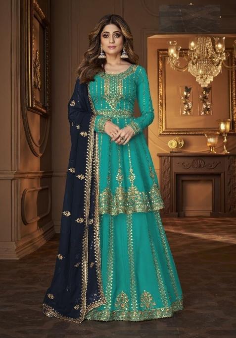 Blue Embroidered Georgette Skirt Set