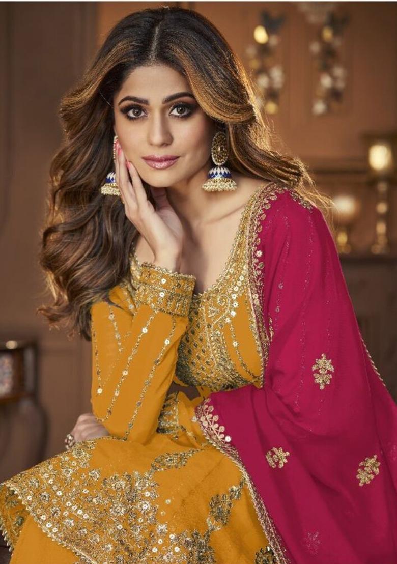 Yellow Embroidered Georgette Skirt Set