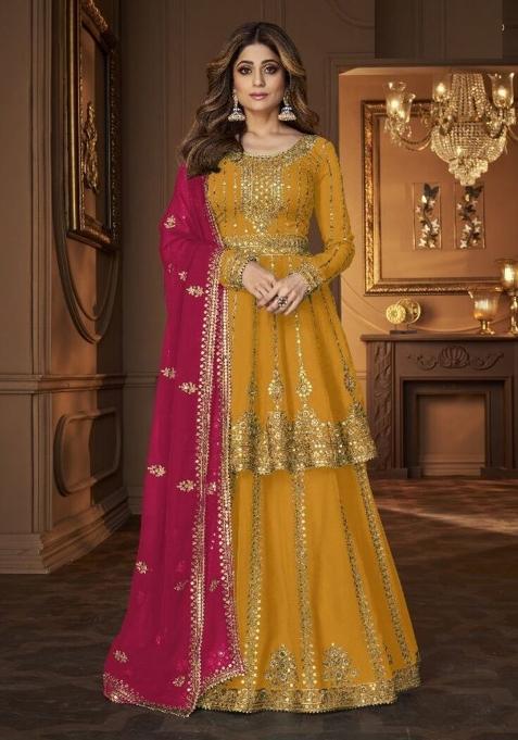 Yellow Embroidered Georgette Skirt Set