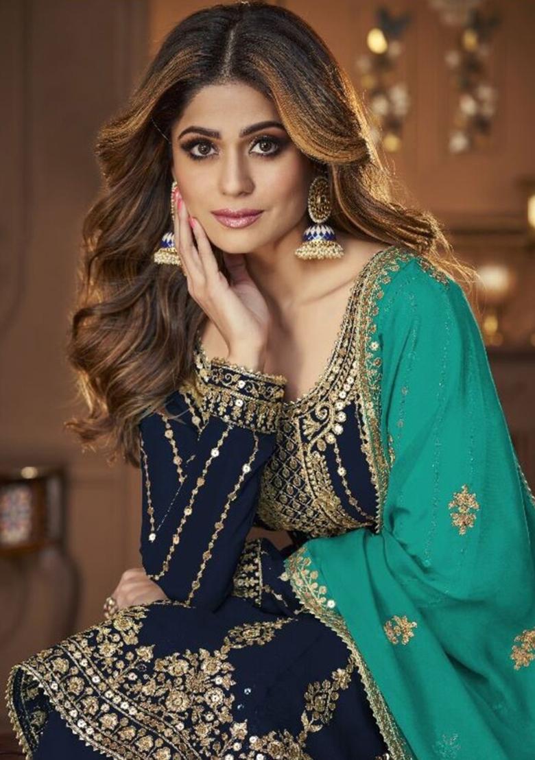 Blue Embroidered Georgette Skirt Set