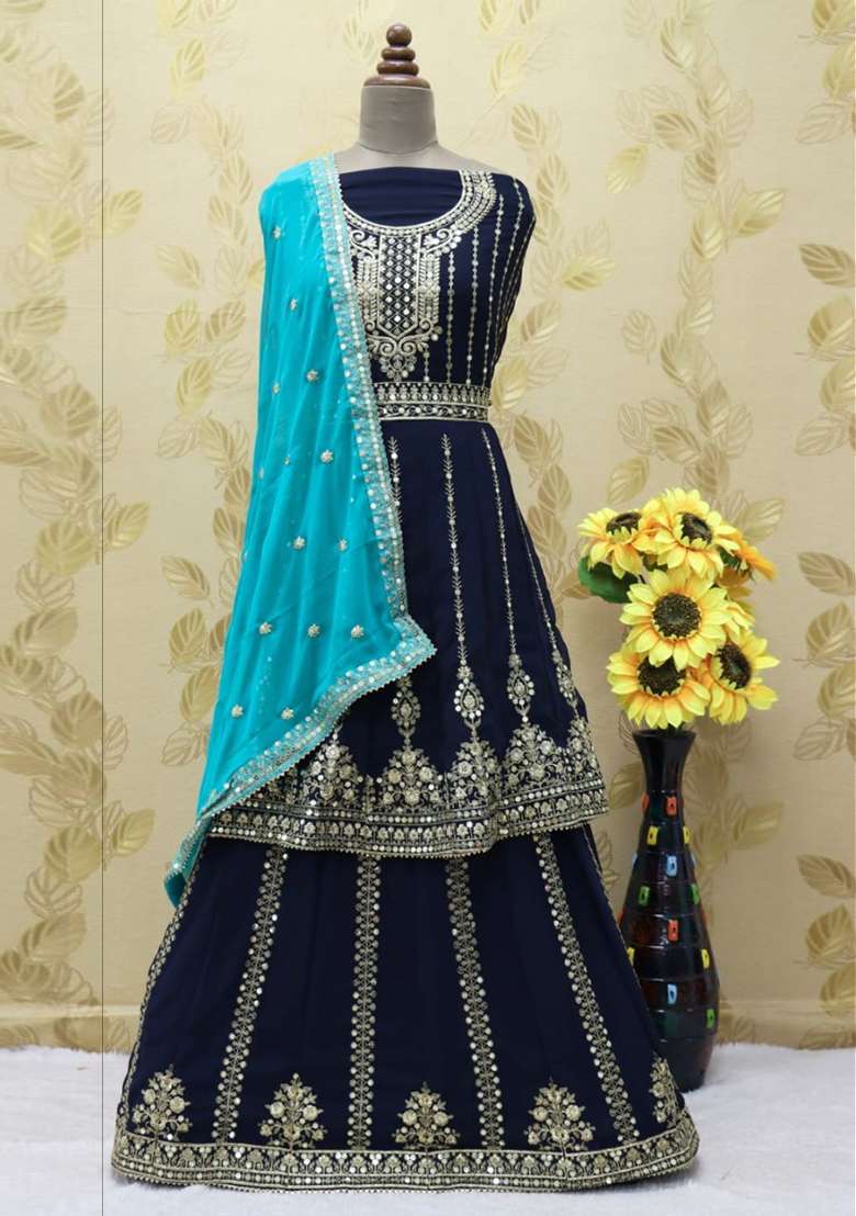 Blue Embroidered Georgette Skirt Set - Indya