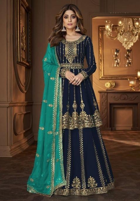 Blue Embroidered Georgette Skirt Set