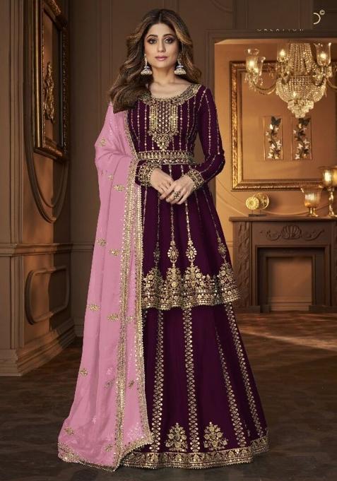 Wine Embroidered Georgette Skirt Set