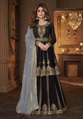Black Embroidered Georgette Skirt Set
