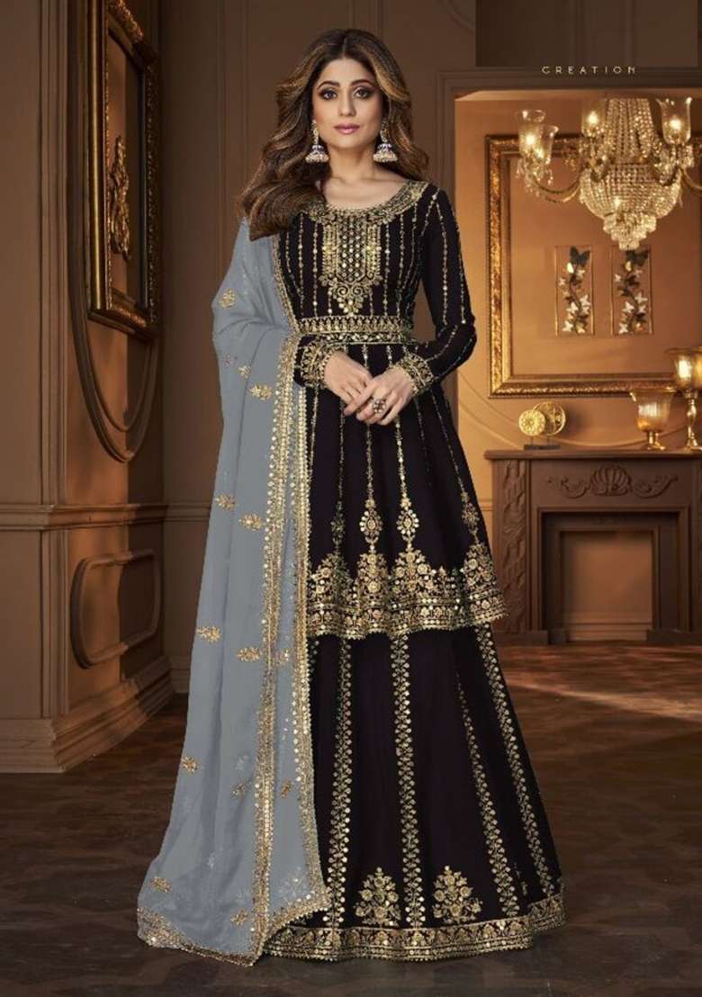 Black Embroidered Georgette Skirt Set - Indya