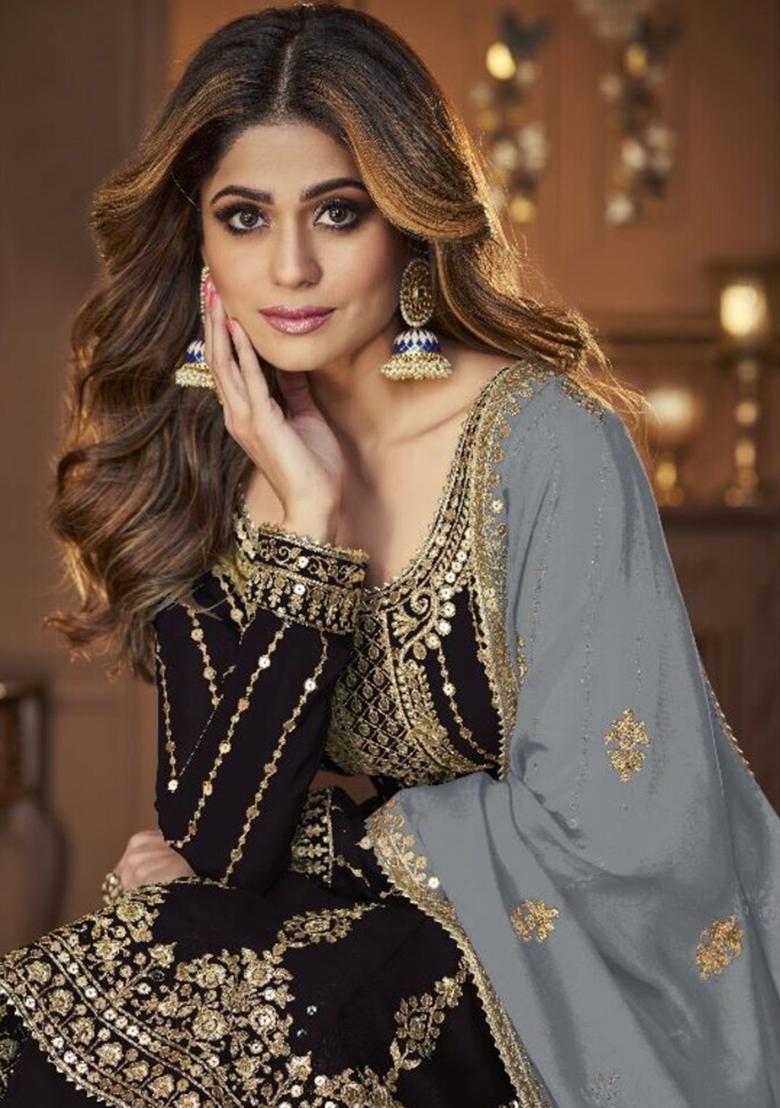 Black Embroidered Georgette Skirt Set