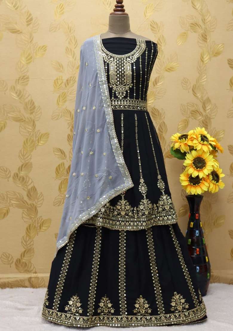 Black Embroidered Georgette Skirt Set - Indya