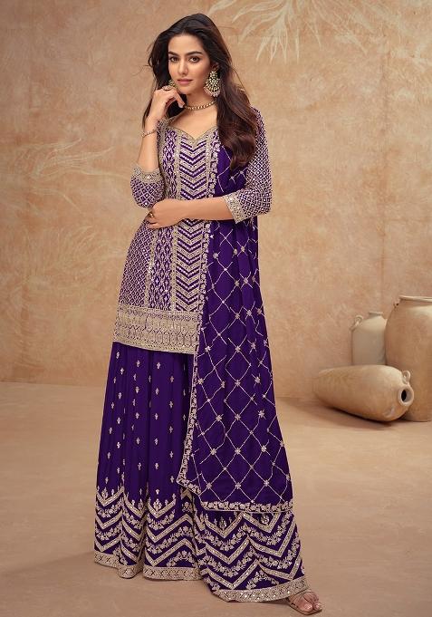 Indigo Blue Embroidered Silk Palazzo Set
