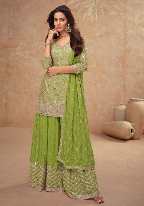 Green Embroidered Silk Palazzo Set
