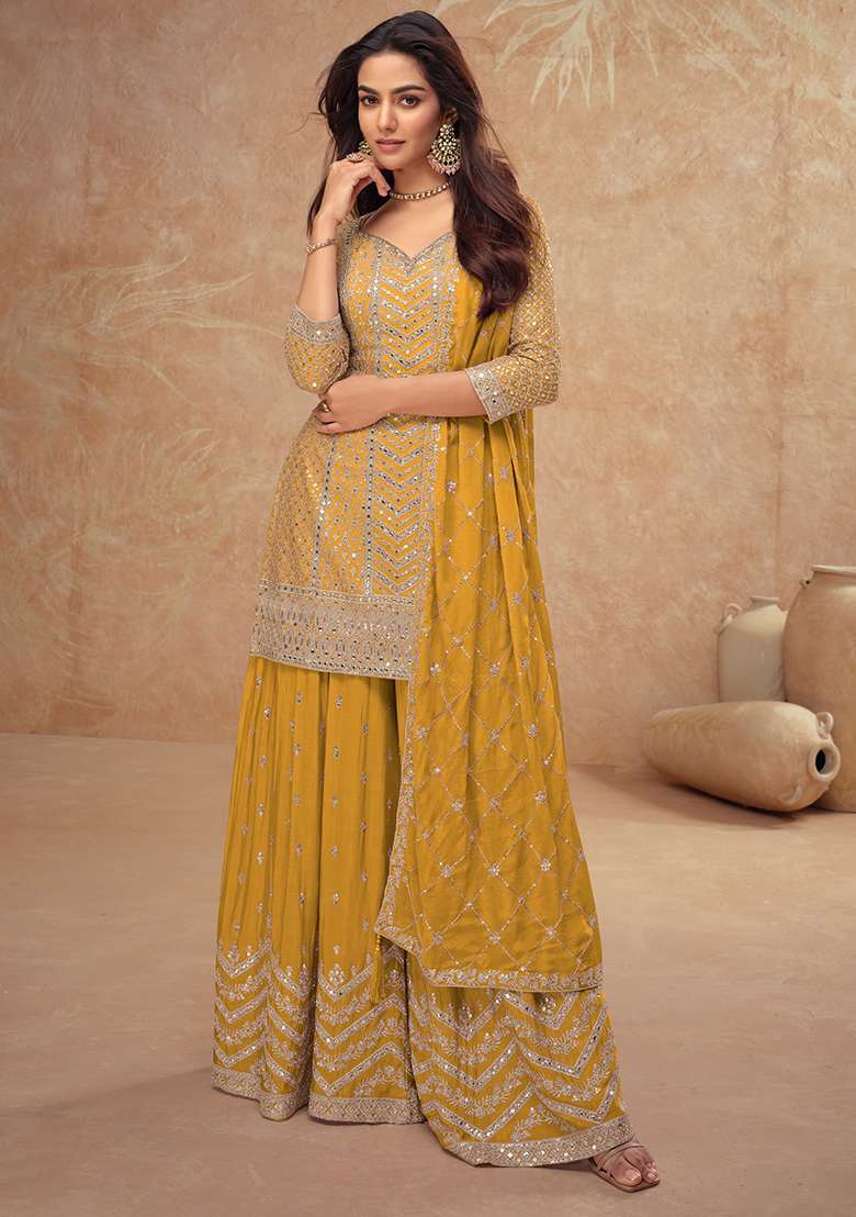 Yellow Embroidered Silk Palazzo Set - Indya