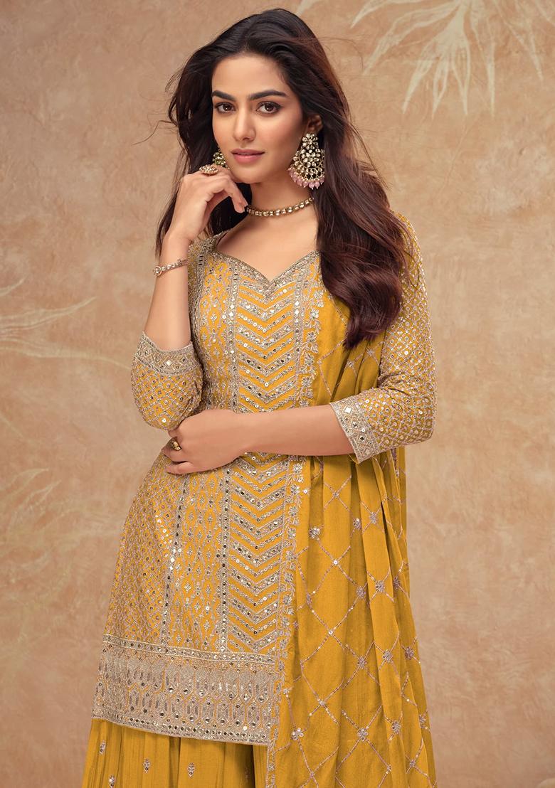 Yellow Embroidered Silk Palazzo Set