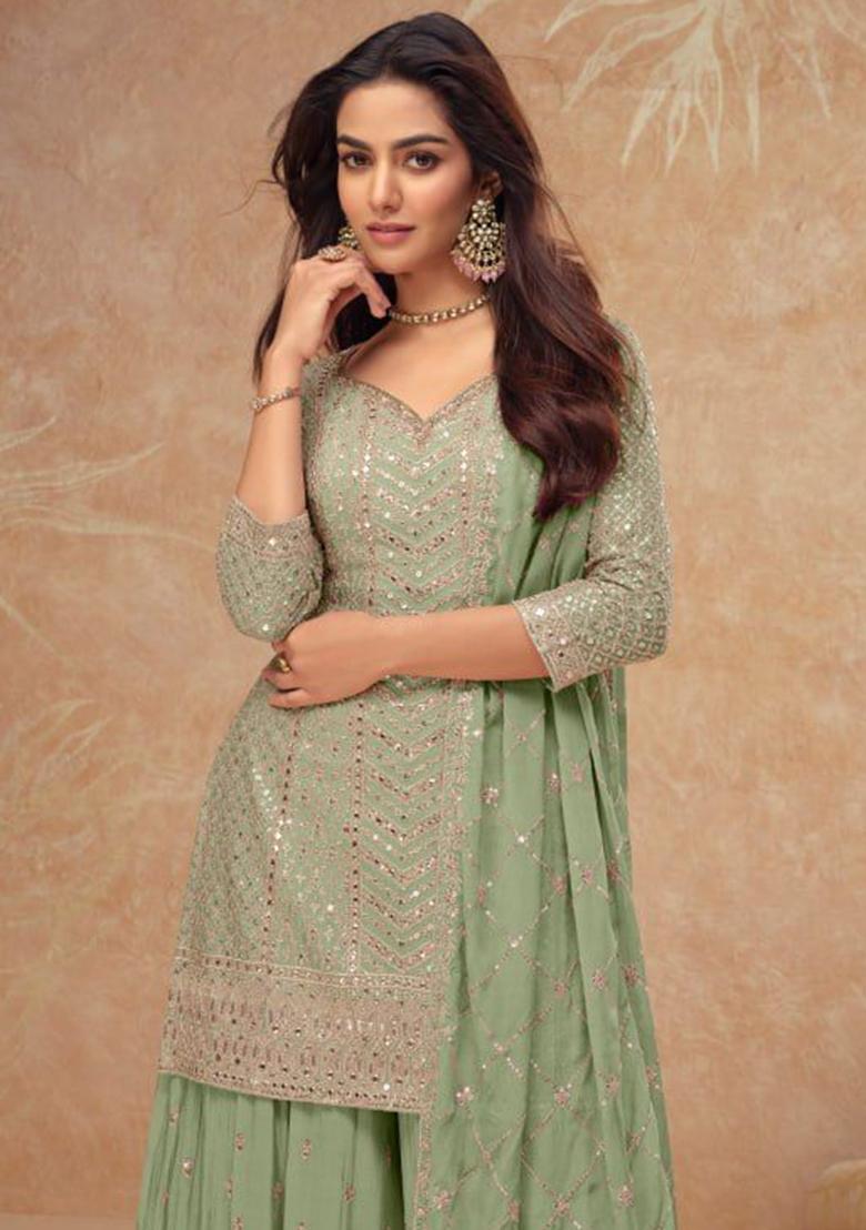 Olive Green Embroidered Silk Palazzo Set