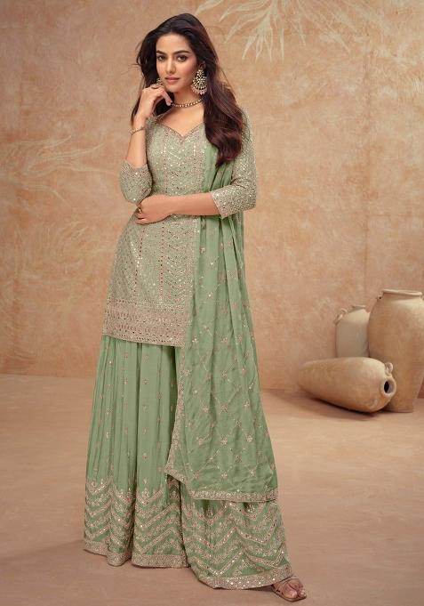 Olive Green Embroidered Silk Palazzo Set