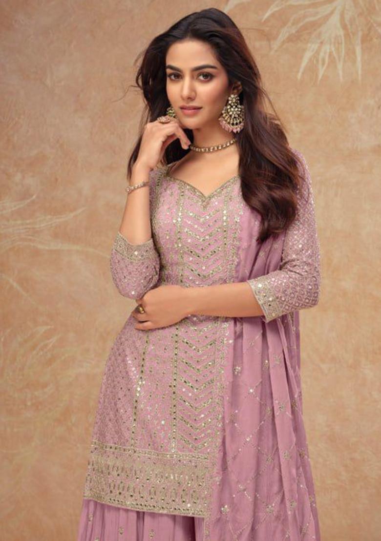 Lavender Embroidered Silk Palazzo Set