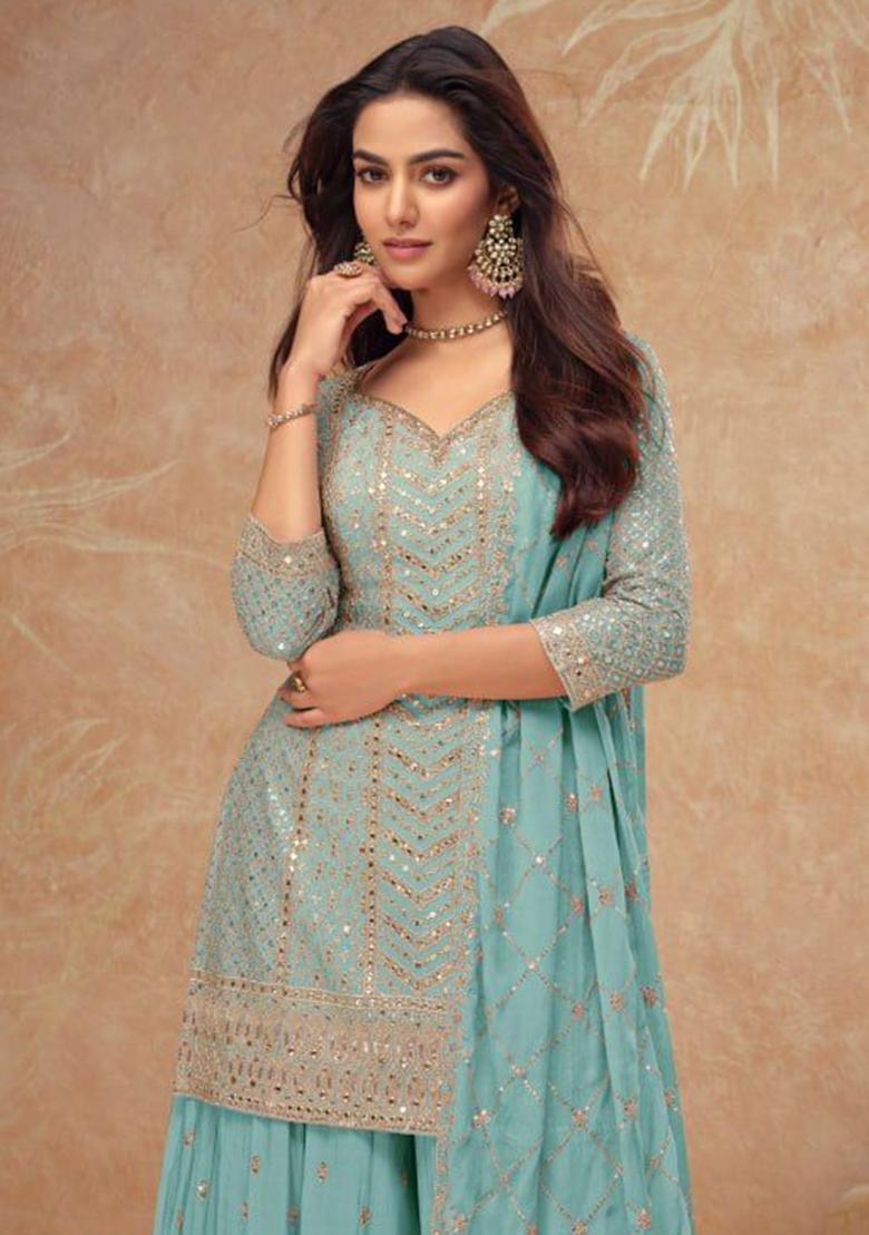 Blue Embroidered Silk Palazzo Set