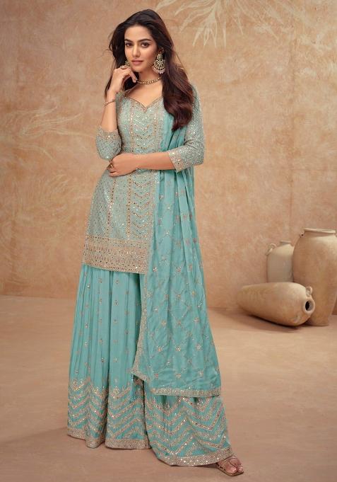 Blue Embroidered Silk Palazzo Set