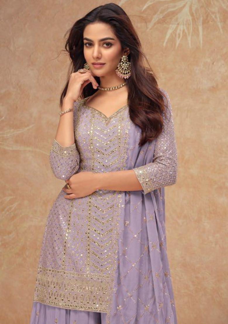 Purple Embroidered Silk Palazzo Set