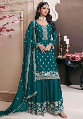 Teal Blue Embroidered Silk Sharara Set