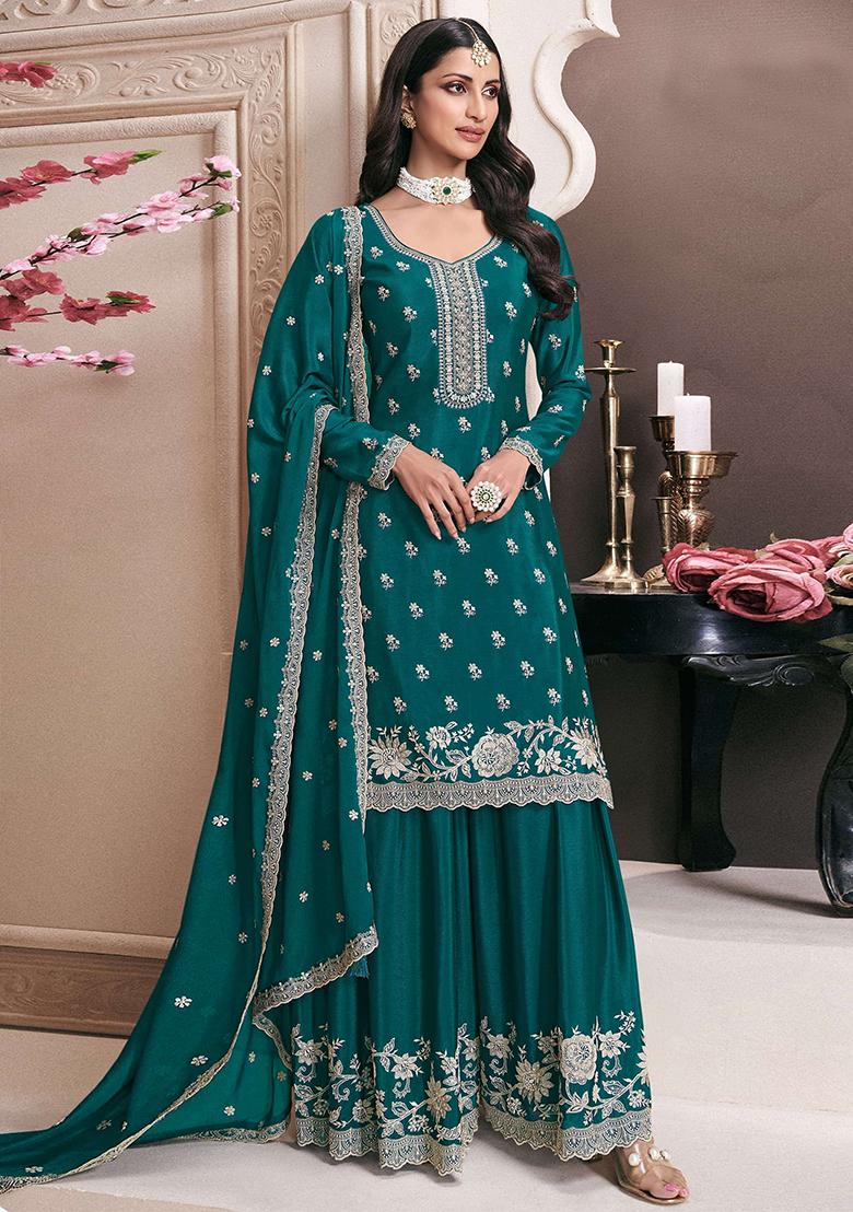 Teal Blue Embroidered Silk Sharara Set