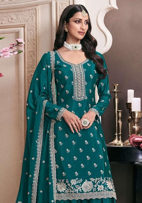 Teal Blue Embroidered Silk Sharara Set