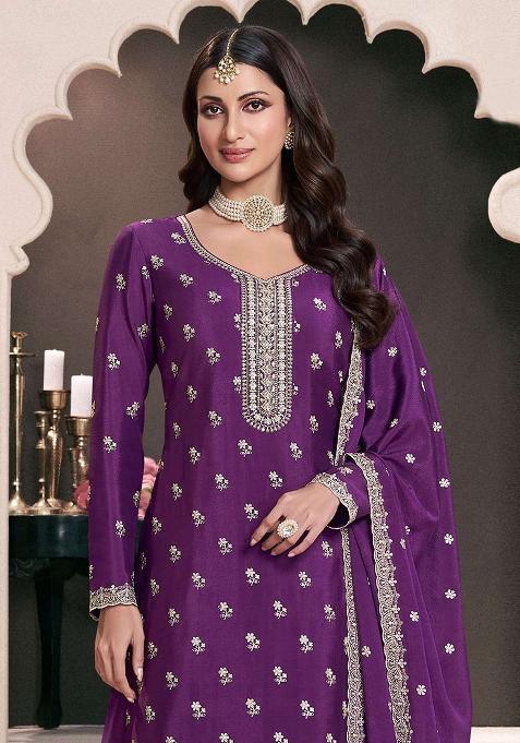 Purple Embroidered Silk Sharara Set